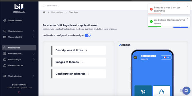 Message d'erreur "hériter de la configuration de l'enseigne"